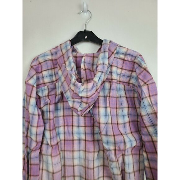 Hem and Thread Womens Hooded Shirt Medium Purple Plaid Deep Dye Button Up BOHO - Picture 4 of 8